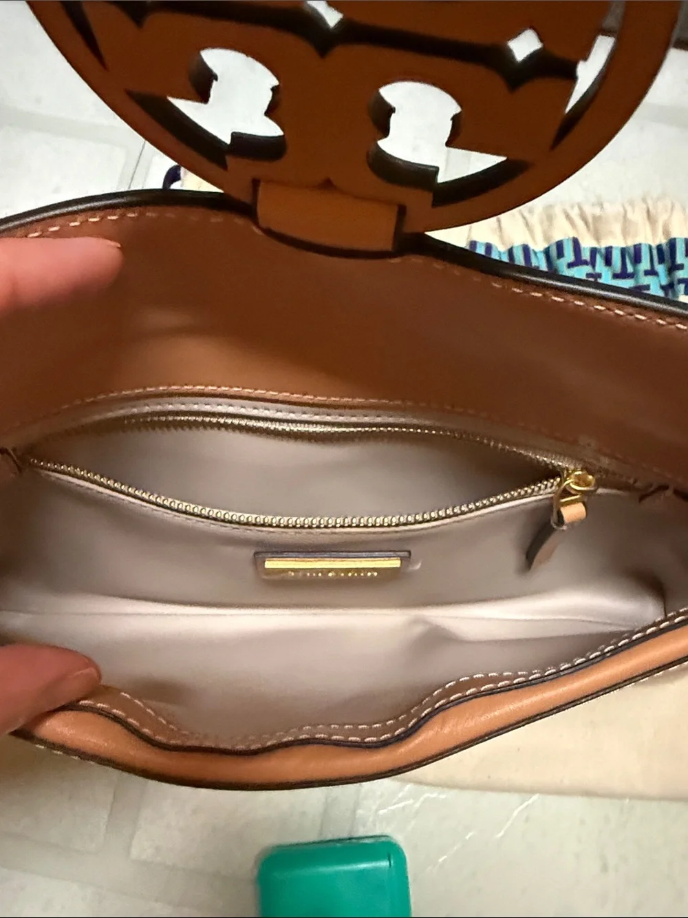 Tory Burch Beige Canvas Clutch with Tan Leather Trim and Logo (Miller Clutch)